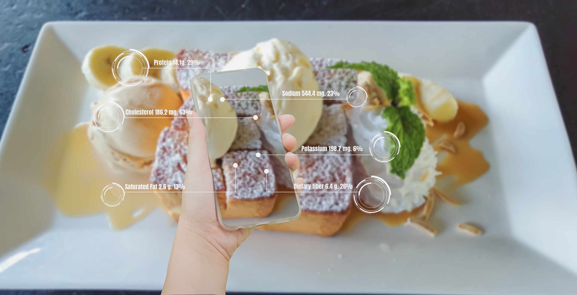 Concept artificial intelligence or AI,modern technology learning eating habits,hand hold smartphone with screen icons and symbols for virtual reality application,check quality and calories food eating