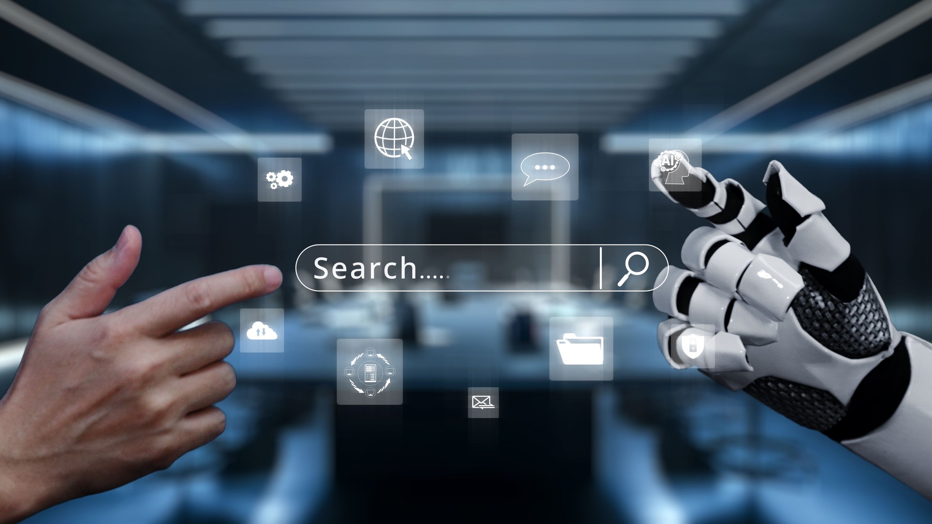 Human Hand Interacting with Robotic Hand in a Digital Interface Displaying Search Icons and Communication Symbols in a Modern Office Environment. Auvana