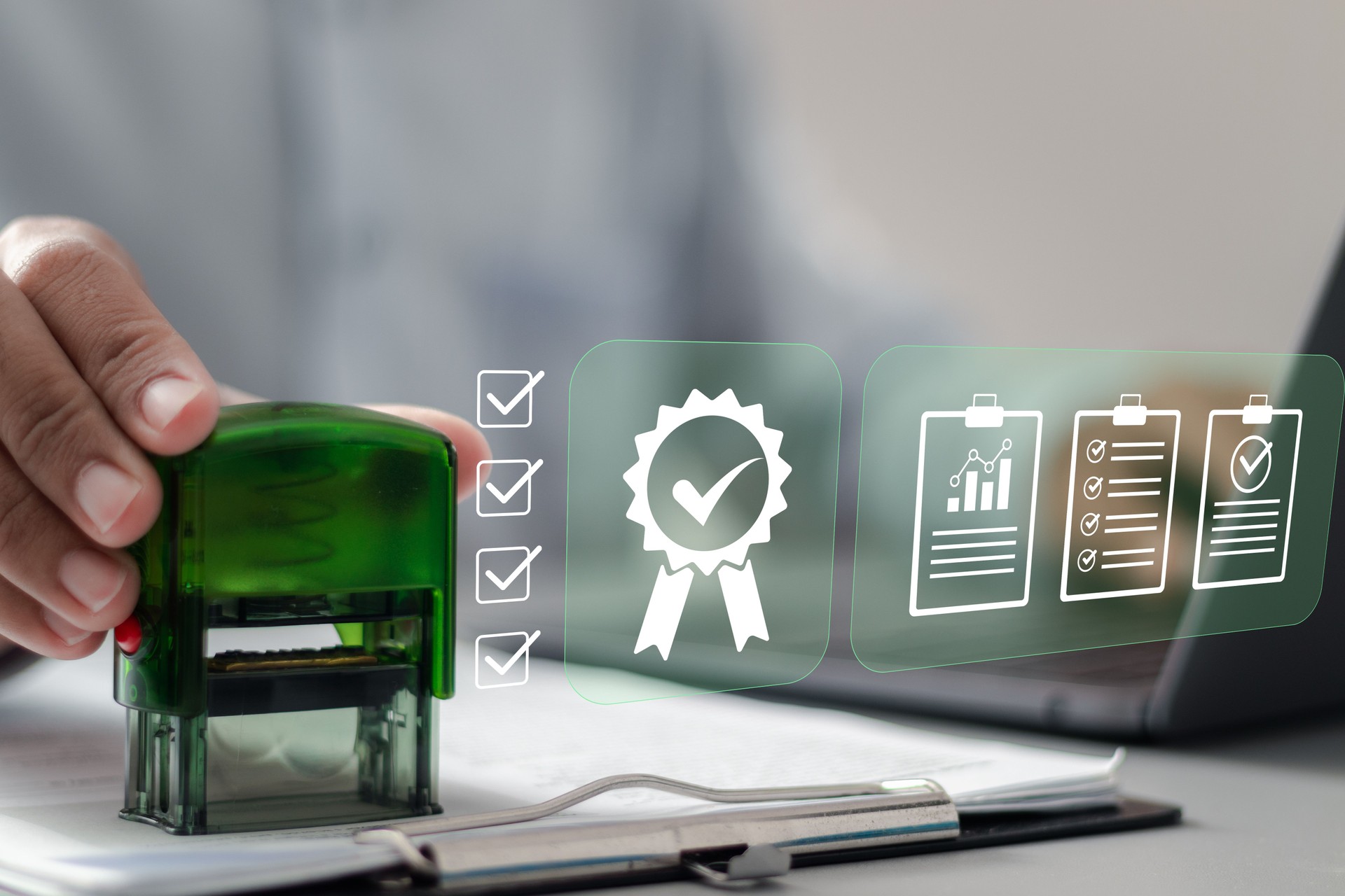 Businessman stamping on approved contract form for manage business documents and agreements, signing business contracts. Warranty certificate stamped with approval