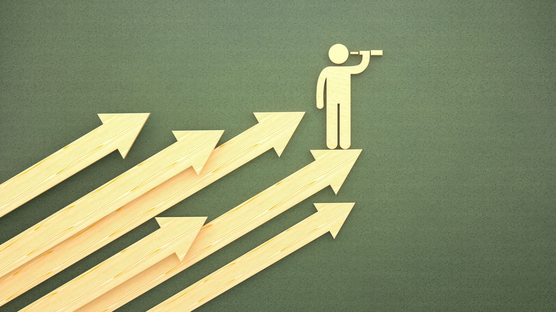 Forward-Thinking Leader, Crisis Management and Strategic Goal Achievement Concept. Business Leader with Binoculars Guiding Arrows Forward. 3D Rendering